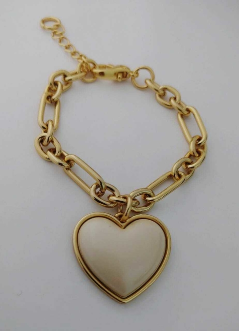 Pulseira Coração Perola Corrente Fígaro - Banhado a Ouro 18k