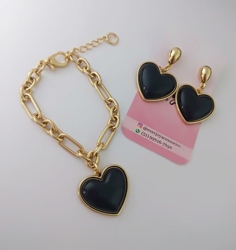 Conjunto Pulseira + Brinco Coração Preto - Banhado a Ouro 18k