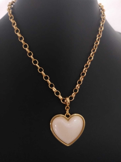 Colar Coração Perolado Corrente Elô Português Fina Banhado a Ouro 18k