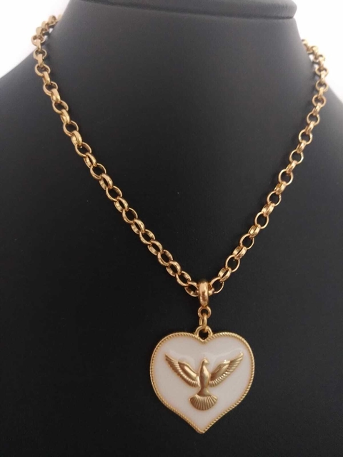 Colar Coração Pomba da Paz, Espirito Santo Resina Branca ou Preta Banhado a Ouro 18k
