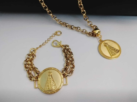 Conjunto Colar e Pulseira Nossa Senhora Aparecida Dourado Banhado a Ouro 18k