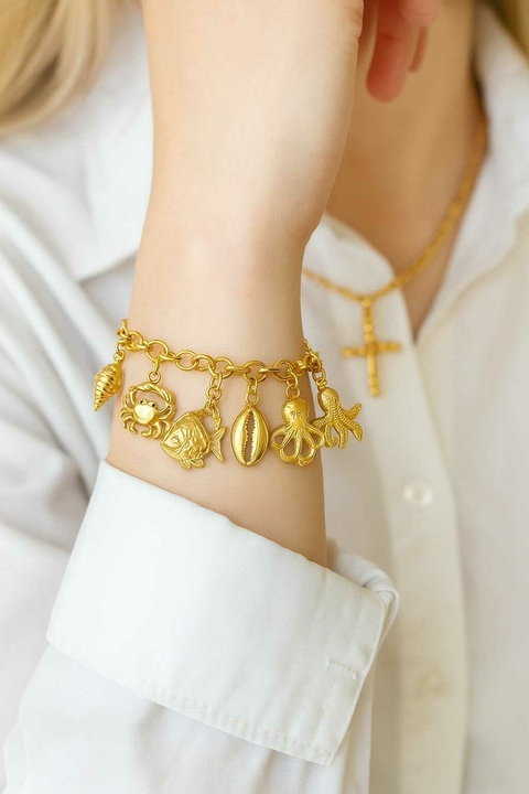 Pulseira Fundo do Mar Marítima Animais Marinhos Oceano Banhado a Ouro 18k