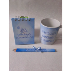 Caneca + Bloquinho e Lápis