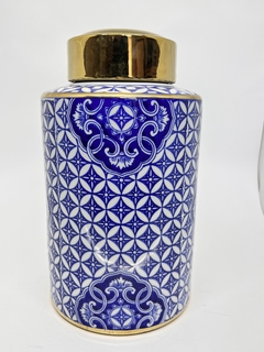 Pote de Porcelana - Azul e Branco com Tampa Dourada