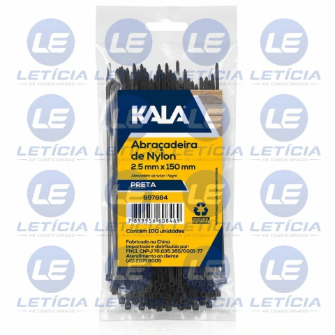 Abraçadeira Nylon 150mm X 2,5mm Preta - 100 Unidades - Kala
