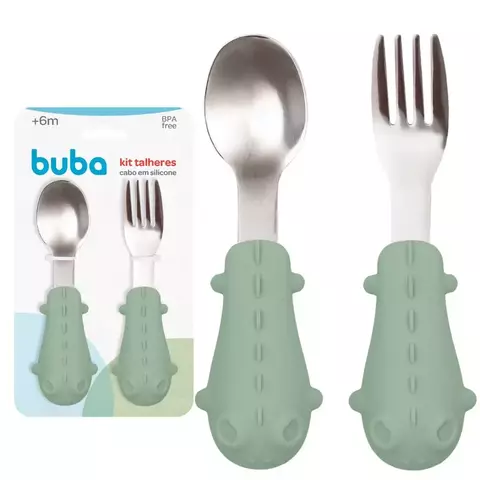 KIT TALHERES SILICONE E ACO INOXIDAVEL DINO VERDE - comprar online