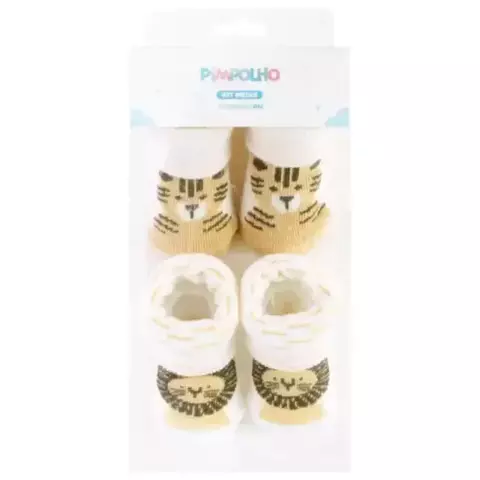 KIT MEIA C/2 PARES RN MAS PIMPOLHO BEGE TIGRE/BRANCO LEAO