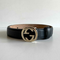 Cinto Gucci Fino Interlocking Preto