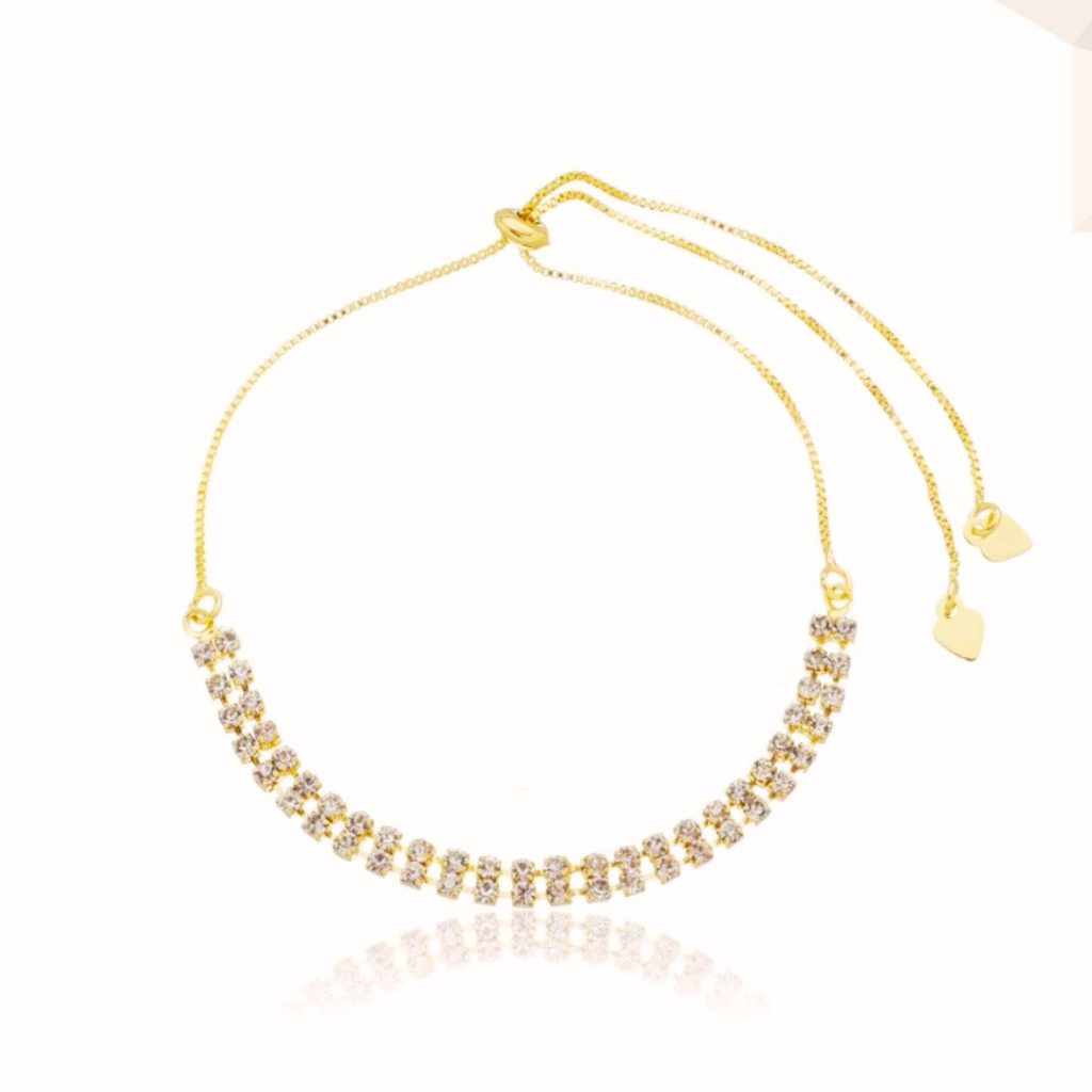 Pulseira Gravatinha Dupla Ajustável Strass Cintila banhada hipoalergica Shine