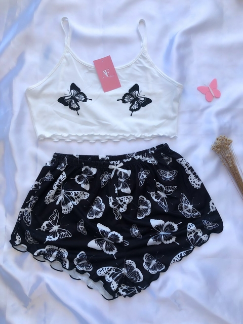 BABY DOLL CROPPED ONDINHA ALÇA - BORBOLETAS PRETO