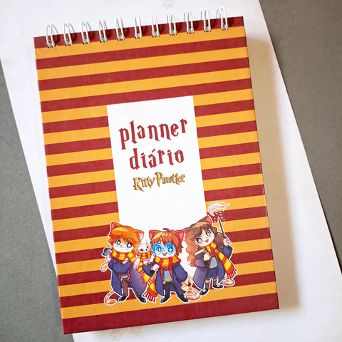 Bloco 2 em 1 Gatinhos com planner diário e anotações, inspirado nos personagens de Harry Potter.