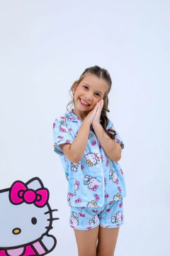 PIJAMA INFANTIL AMERICANO MANGA CURTA E SHORT HELLO KITY AZUL PRE VENDA