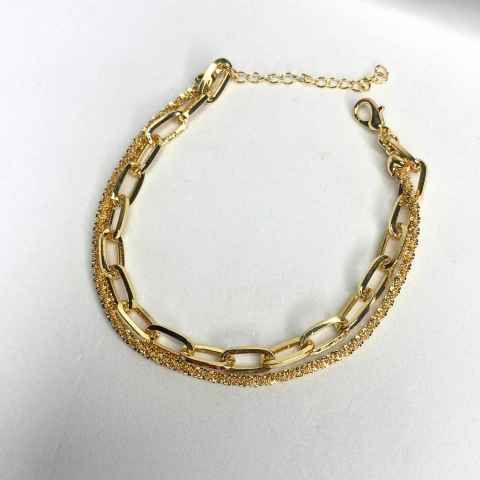 Pulseira Dourada Dupla Com Elos e Fio Torcido