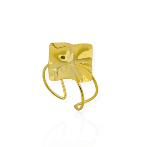 Anel Folheado a Ouro 18k e Prata Quadrado Martelado Regulável