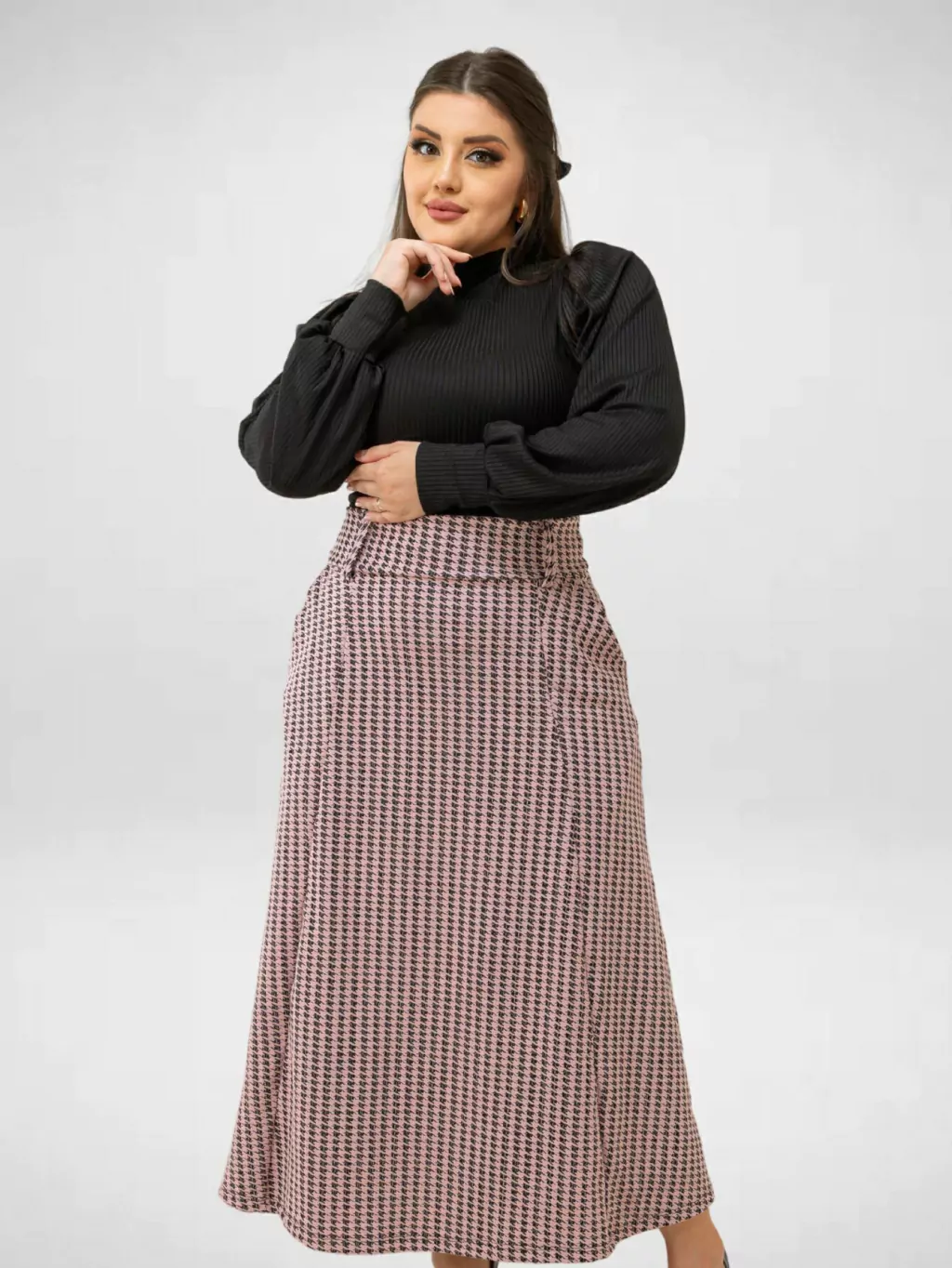 Saia midi plus size em Jacquard c/ bolso Moda Evangélica