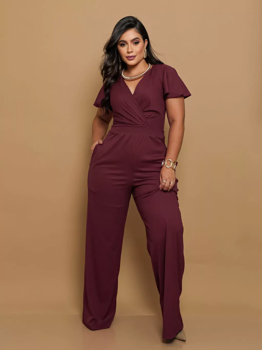 Macacão feminino pantalona com manga Vanessa