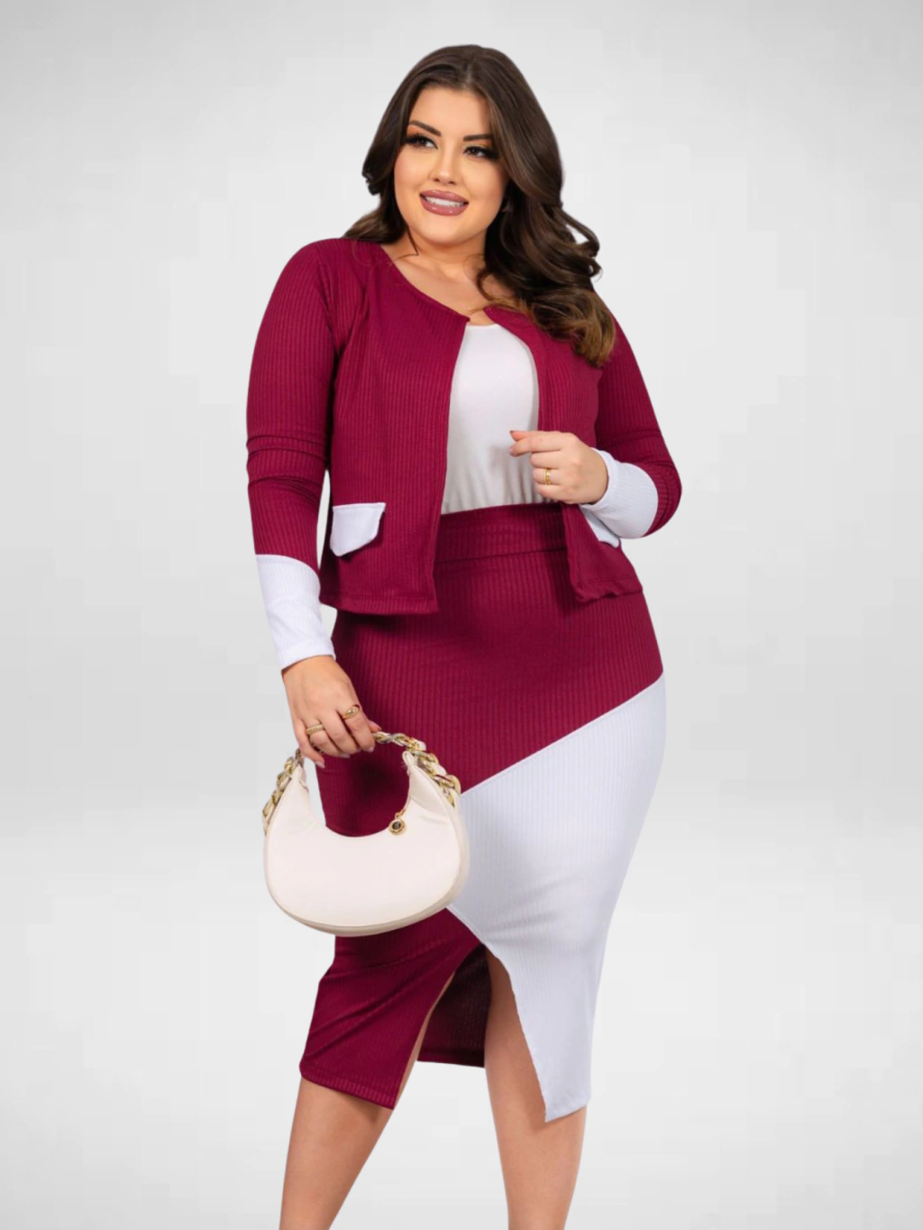 Conjunto Viviane bicolor c/ blazer e saia midi fenda frontal