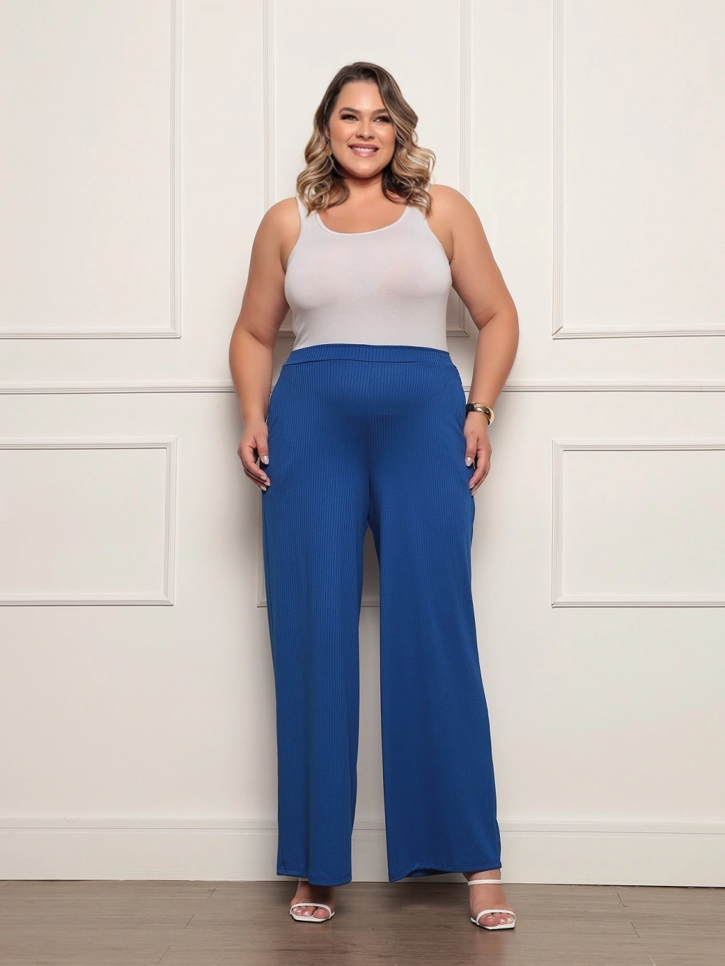 Calça Pantalona Plus Size Malha Canelada Feminina Adulto Cintura Alta