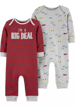 Macacão Pijama Carter's 2 Peças - Vermelho Listrado e Cinza com Carros