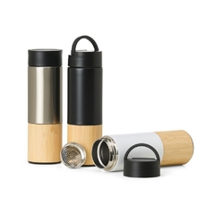 Garrafa Térmica Inox 420ml com Infusor, Alça e Detalhes em Bambu - MiHa Brindes 
