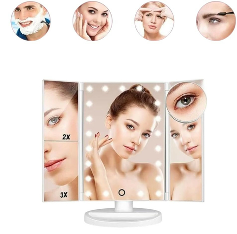 Espelho de Maquiagem Dobrável Triplo com Iluminação LED - Branca