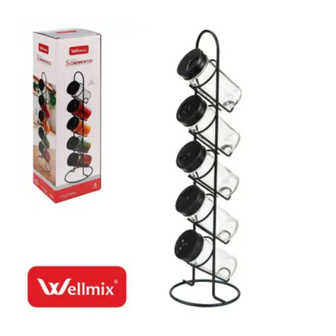 Conjunto 5 Porta Condimentos Com Suporte Vertical - Preta