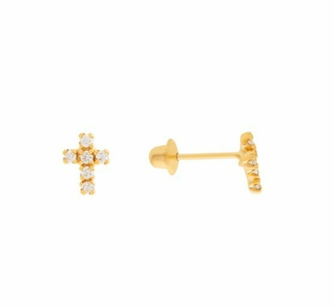 Brinco Cruz Mini Zircônia Ouro 18k