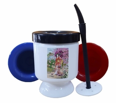 Mate Geisha Japones Flores Art Abanico