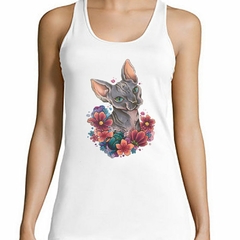 Musculosa Deportiva Gato Sphynx Con Rosas Dibujo M2