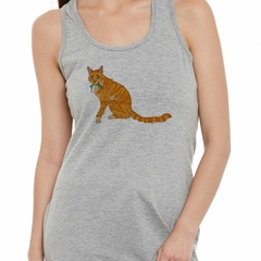 Musculosa Deportiva Gato Atigrado Naranja Comiendo