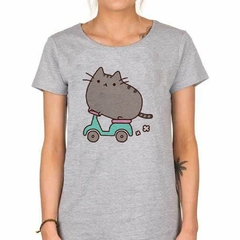 Remera Gato Moto Caricatura Dibujito Gris