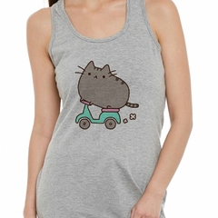 Musculosa Deportiva Gato Moto Caricatura Dibujito Gris