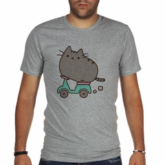 Remera Gato Moto Caricatura Dibujito Gris - TiendaCubik