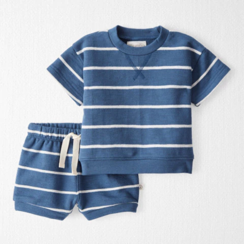 Conjunto curto bebê 2 peças azul listras algodão 100% orgânico | Little Planet by Carter's