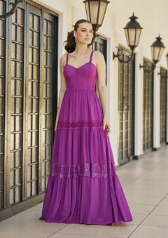 3713 VESTIDO LONGO EM MUSSELINE E GUIPIR - loja online