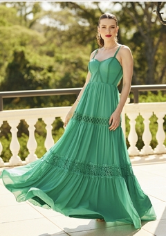 3713 VESTIDO LONGO EM MUSSELINE E GUIPIR
