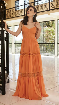 3713 VESTIDO LONGO EM MUSSELINE E GUIPIR - comprar online