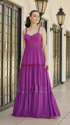 3713 VESTIDO LONGO EM MUSSELINE E GUIPIR - comprar online