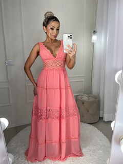3702 VESTIDO LONGO MUSSELINE GOIABA - BONECA DE PANO 