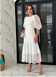 Vestido midi renda guipir tule bordado