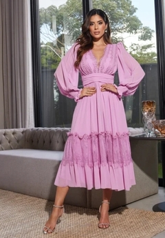 3970 Vestido Midi em Musseline com Guipir