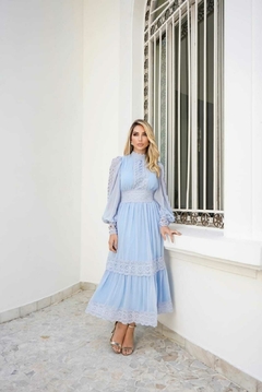 Vestido manga longa musseline e guipir - BONECA DE PANO 