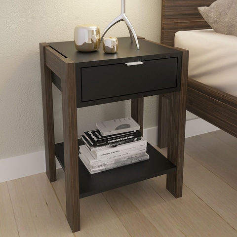 Mesa de Cabeçeira com 1 Gaveta e Tomada MDP Preto/Nogal Tecnomobili