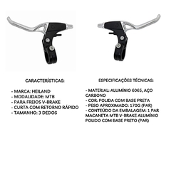 Par manete MACANETA DE FREIO V.BRAKE ALUM 3 DEDOS PRETA/POLIDA HEILAND - Aro 21 Bike Shop | Sua evolução está aqui
