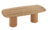 Mesa de jantar de madeira com formato oval e base em colunas arredondadas.