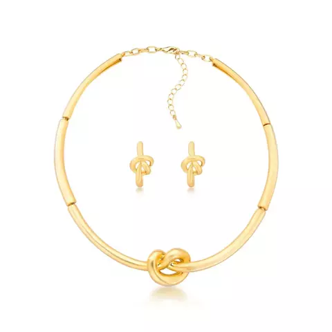 Conjunto colar e brinco nó dourado fosco