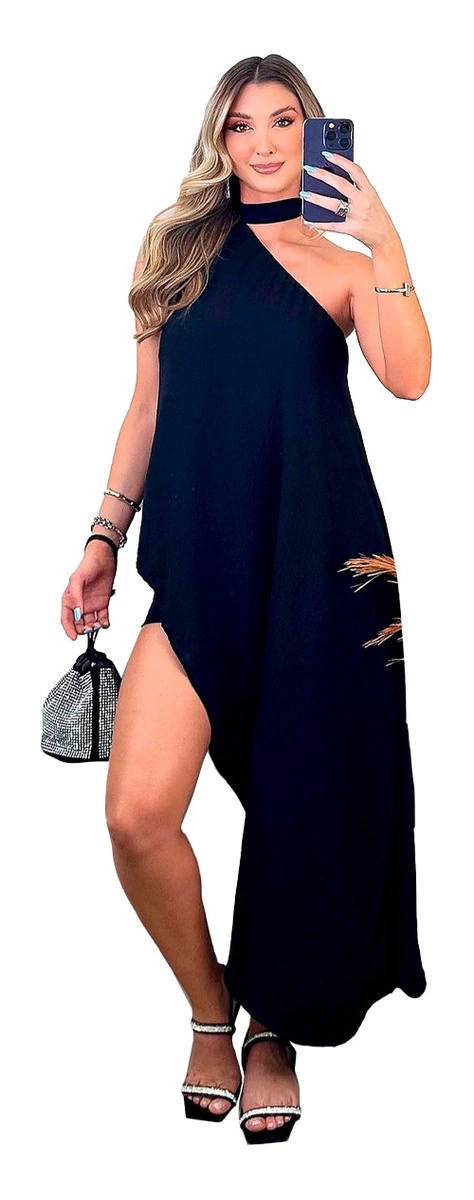 Vestido Bata Crepe Duna Assimétrico Gola Alta Um Ombro Só
