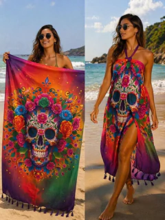 Imagem do Canga Praia Piscina Estampa Caveira Mexicana