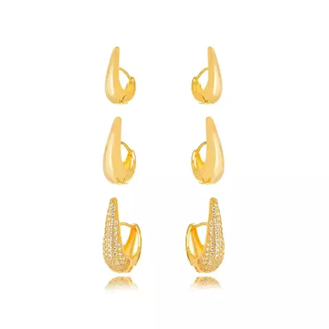 Brinco Semijoia Trio Argola Gota Micro Zircônia