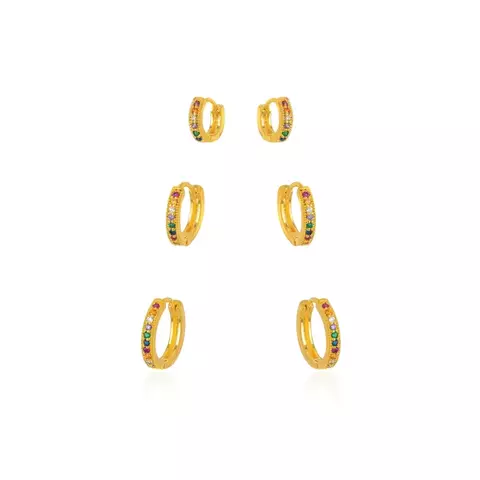 Brinco Semijoia Trio Argola Micro Zircônia Color